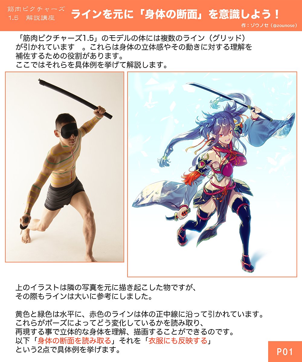 zounose's tweet photo. 先月販売開始した『筋肉ピクチャーズ1.5』の作例件解説講座です！
キャラクターを立体的に描くには体の「断面」を意識するのが一番です。
筋肉ピクチャーズ1.5ではモデルの体にラインが引かれているので、それを元にその「断面」を読み取りましょう！
#筋肉ピクチャーズ

https://t.co/axDAR0QO33 https://t.co/zJKN91gqm5