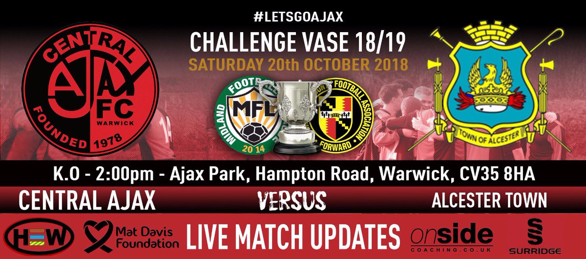 CentralAjaxFC's tweet photo. โ๏ธUP NEXTโ๏ธ
We host Alcester Town in The Birmingham Challenge Vase. K.O - 2:00PM!
#letsgoajax #wetakecard https://t.co/Zfj8k5MIrn