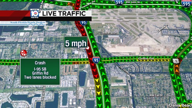 #TRAFFICALERT Crash on I-95 SB at Griffin Rd. Two lanes blocked and heavy delays back to SR-84 https://t.co/QATHLTCgZL