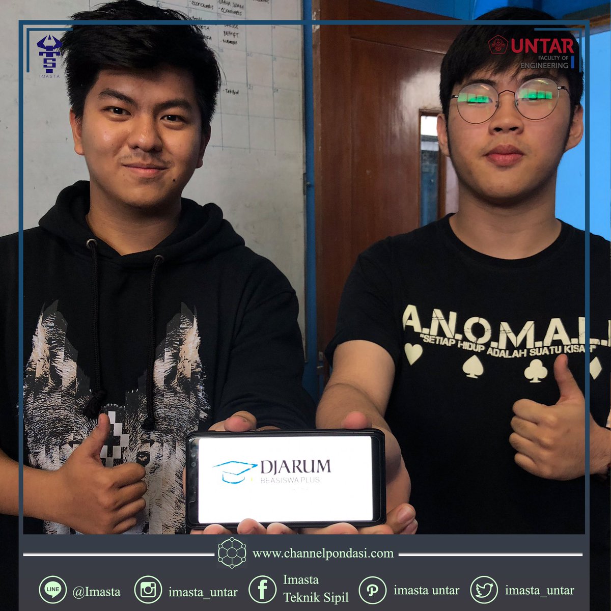 [CONGRATULATIONS]

Kami segenap Ikatan Mahasiswa Sipil Tarumanagara mengucapkan selamat atas pencapaiannya dalam penerimaan Beasiswa Djarum kepada :

1. Alvin Lo ( 325160148 )
2. Kevin Wijaya ( 325160155 )

Tetap Semangat, Berprestasi, dan terus Melangkah Maju !!

- IMASTA -