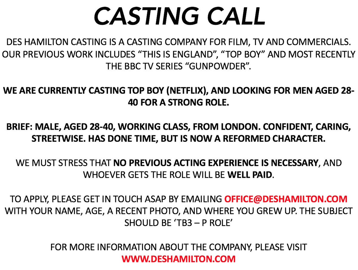DesHCasting's tweet photo. DHC are looking for men aged 28-40 for a role in the third series of TOP BOY (Netflix). No previous acting experience necessary. Please share with friends/family, and if you fit the brief then we'd love to hear from you. Thanks! https://t.co/8MEUrMdDbu