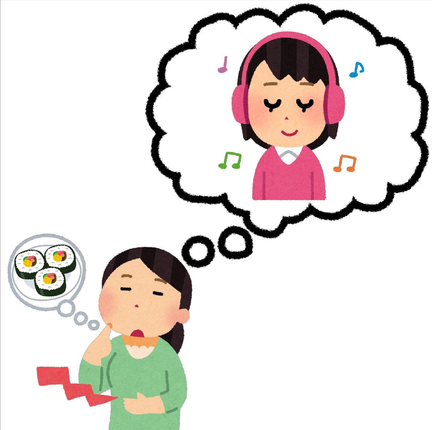 まいチクをいらすとやで再現 Dayukoume 再現難易度 使ったイラスト 4枚 ふきだしのイラスト ヘッドホンで音楽を聞く人のイラスト 女性 空腹のイラスト 女性 太巻きのイラスト まいにちチクショー T Co Beau2si6eb Twitter