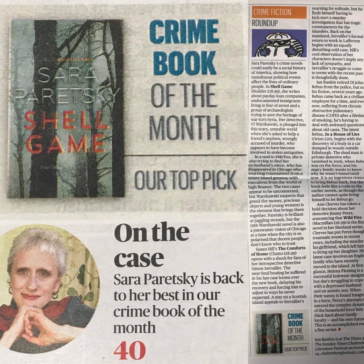 CrimeFilesBooks's tweet image. We are delighted that @SaraParetsky's #ShellGame has been selected for @thesundaytimes Crime Book of the Month! 

If you've not yet discovered legendary female sleuth #VIWarshawski then you're in for a treat! Pick up your copy today: fal.cn/SVkZ