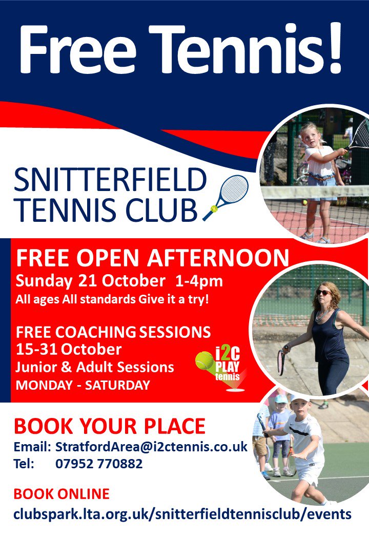 i2c Play Tennis (@i2cclubs) on Twitter photo Don't forget to sign up for FREE tennis this Sunday <a href="/SnitterfieldTen/">Snitterfield Tennis</a>
1-4pm COME & GIVE IT A TRY!
ALL AGES/STANDARDS/non-members
clubspark.lta.org.uk/SnitterfieldTe…
@kes_pedept <a href="/Shottery/">SGGS - Stratford Girls' Grammar School</a> <a href="/CroftPrepSchool/">The Croft School</a> <a href="/StratSchPE/">Stratford School PE</a> Don't forget to sign up for FREE tennis this Sunday <a href="/SnitterfieldTen/">Snitterfield Tennis</a>
1-4pm COME & GIVE IT A TRY!
ALL AGES/STANDARDS/non-members
clubspark.lta.org.uk/SnitterfieldTe…
@kes_pedept <a href="/Shottery/">SGGS - Stratford Girls' Grammar School</a> <a href="/CroftPrepSchool/">The Croft School</a> <a href="/StratSchPE/">Stratford School PE</a>