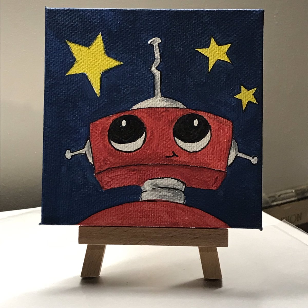 MerseyRiverLad's tweet image. Mini canvas art. #artforsale #artforsalebyartist #redrobot #robot #starrysky #starrystarrynight #stars #enjoytheview #twinkletwinklelittlestar #acrylic #acrylicpainting #acryliconcanvas #4x4canvas #4x4