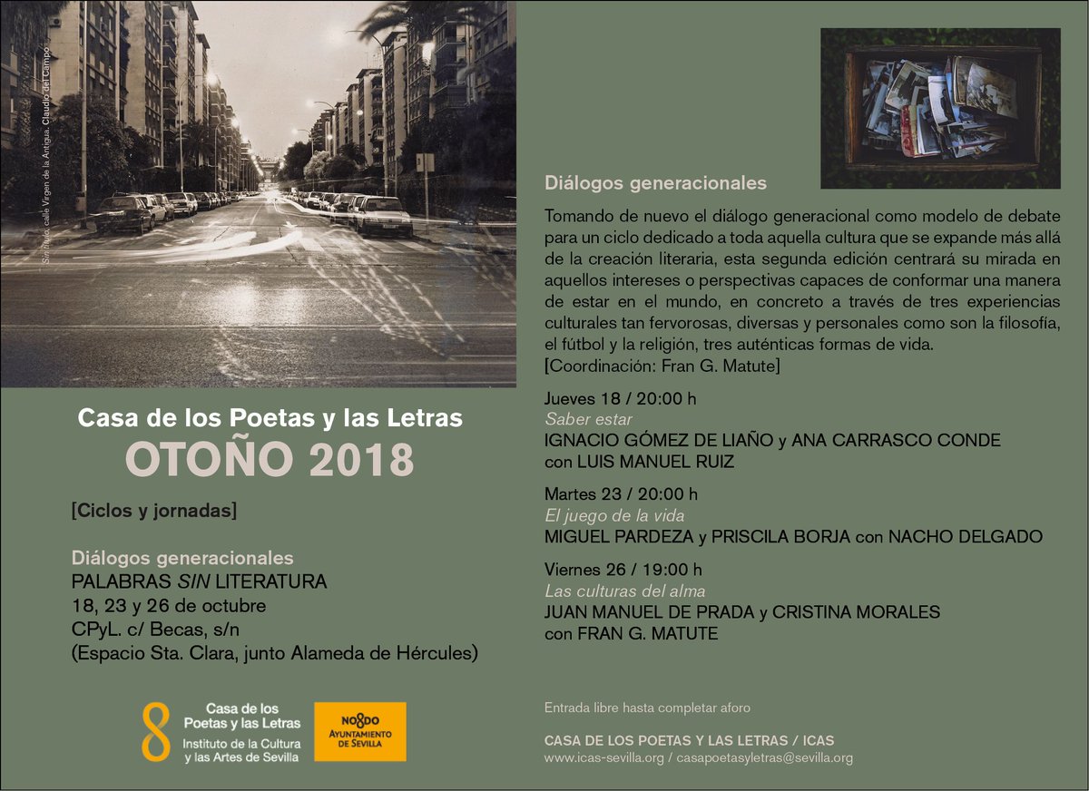 FLSevilla's tweet photo. ¡Novedades! La Casa de los #Poetas arranca mañana a las 20:00 su ciclo #Diálogos #generacionales, un debate sobre la expansión de la #cultura a otros ámbitos como la #filosofía, el #fútbol y la #religión. ¡Suena interesante!

https://t.co/2odgT9rAiJ https://t.co/OiMrmOAoH0