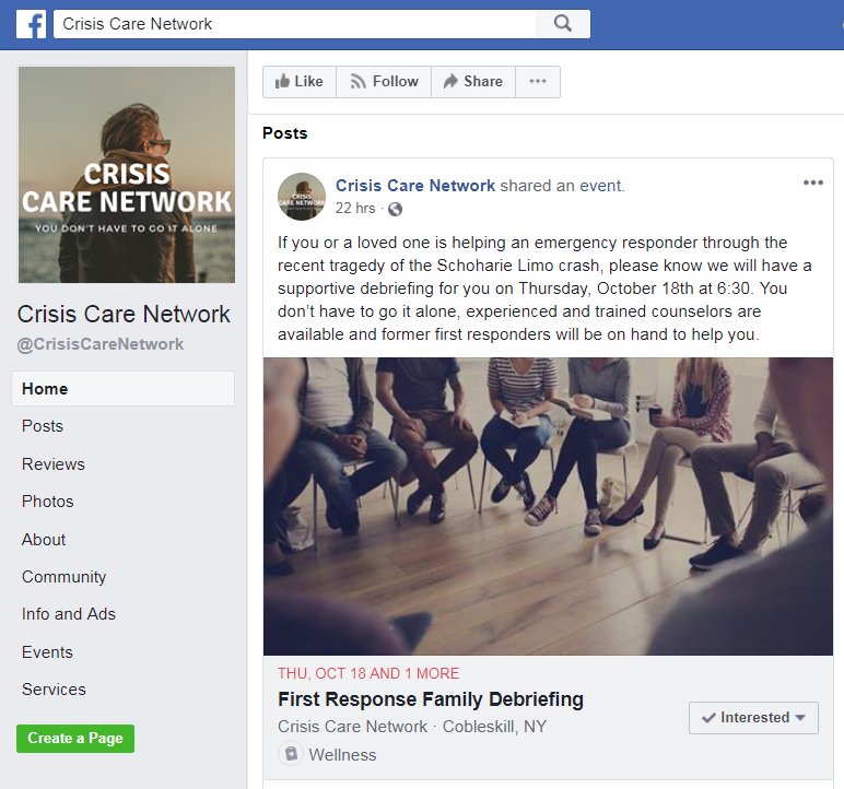 The #CrisisCare Network is offering a '#FirstResponder Family Debriefing' for the families or loved ones of an #EmergencyResponder.  The first meeting is Oct-18 in Cobleskill.  For details, visit:
facebook.com/CrisisCareNetw…

#Firefighter
#MentalWellness
#MentalHealth
#1stResponder