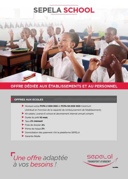 GROUPECOFINA's tweet photo. Au Congo, nous avons lancé il y'a quelques mois SEPELA SCHOOL,
Une offre de crédit adaptée aux établissements, aux enseignants et aux parents d'élèves.
Infoline: +242 22 260 10 10
#CofinaCongo #Sepela https://t.co/cCpm0aoFsa