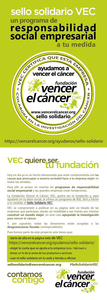 Nuestra confederación mantiene un convenio con la Fundación <a href="/vencerelcancer/">Vencer el Cáncer</a> para difundir entre nuestras empresas el #SelloSolidarioVEC y puedan incorporarlo dentro de sus programas de responsabilidad social empresarial +info📲 vencerelcancer.org/ayudanos/sello…