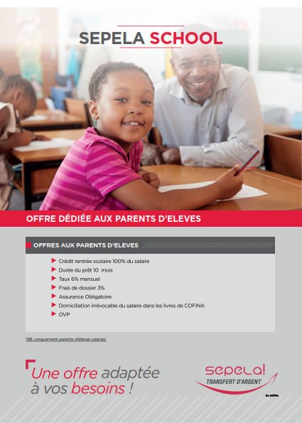 GROUPECOFINA's tweet photo. Au Congo, nous avons lancé il y'a quelques mois SEPELA SCHOOL,
Une offre de crédit adaptée aux établissements, aux enseignants et aux parents d'élèves.
Infoline: +242 22 260 10 10
#CofinaCongo #Sepela https://t.co/cCpm0aoFsa