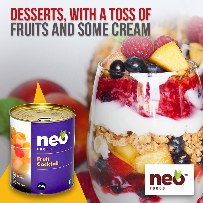 NeoFoodsIndia's tweet photo. What is the best way to get your daily dose of fruits? Desserts, it is! Satisfy your sweet tooth by making a quick and delicious dessert with our very favorite, fruit cocktail, and whipped cream.
#NeoFoods #FruitCocktail #HealthyFood #DeliciousDesert https://t.co/Puj3LfKVcX
