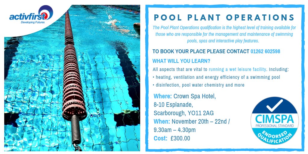 Activfirstltd's tweet photo. Activfirst are running an accredited Award in Pool Plant Operations in November. This course is perfect for those who are responsible for the management and maintenance of swimming pools, spas and interactive play features. Limited spaces available.
#leisurejob #Scarborough https://t.co/ZxihRreObW