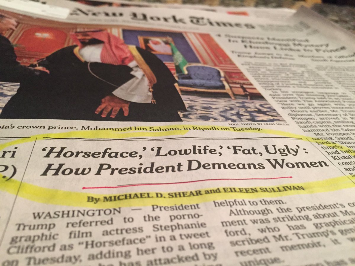 carol_weston's tweet photo. Dear Women Voters, I’ve had enough, haven’t you? Front page NYT today. Pls don’t compare Trump to a teen boy —it’s not fair to teen boys or their parents or teachers. (Misogyny has to be carefully taught.) #SeeRedVoteBlue @megynkelly @OMAROSA #VoteBlue #Horseface https://t.co/nuhhDIhNYK