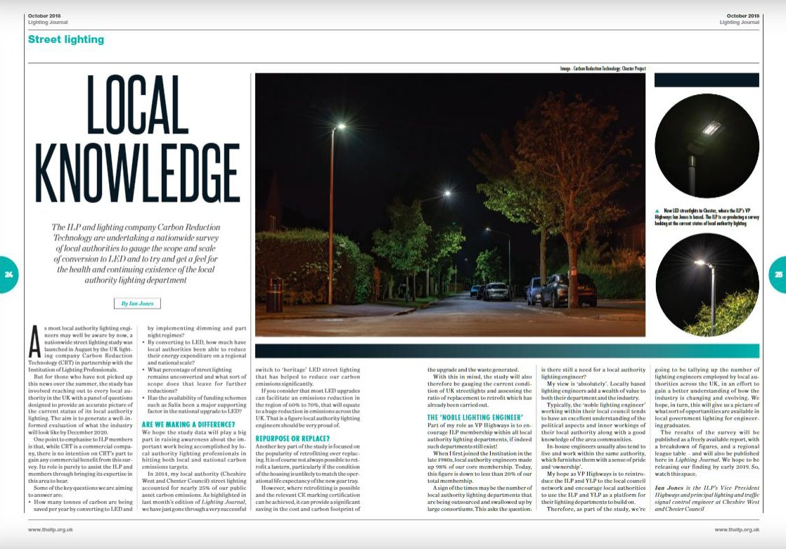 CRT_Lighting's tweet photo. Another great article here from the @ILP_Journal, by @the_ilp 's VP Highways Ian Jones. Ian reveals more details about the background and objectives of the National Street Lighting Survey, which is currently circulating UK local authorities: https://t.co/nVV0YU3fa5 https://t.co/kIfSgAfDiE