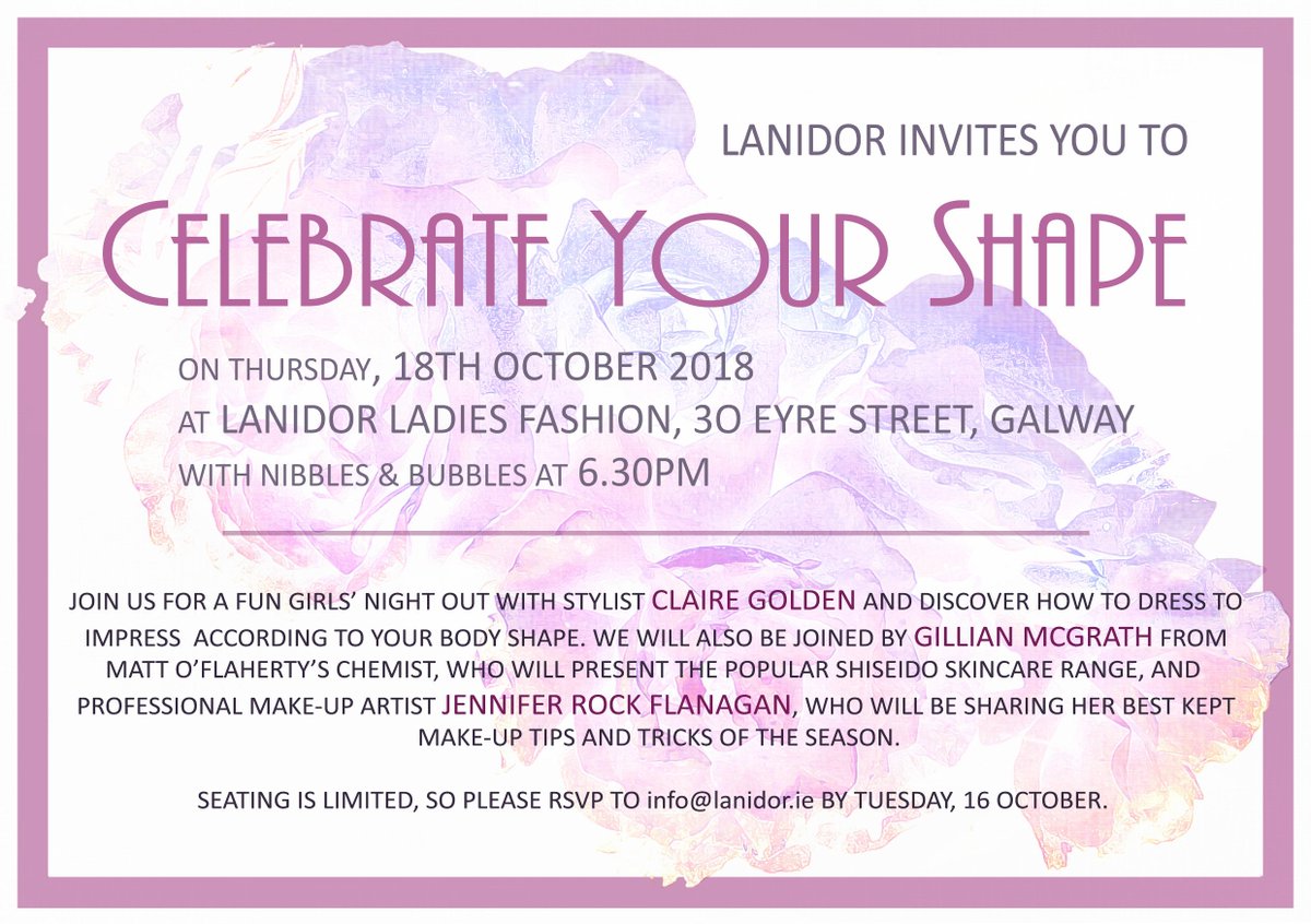 Don't forget to book your place today for a fun girls night out on Thursday 18th October. Lanidor ladies fashion will host an evening of style and skincare.  This is a FREE event but places must be booked in advance by email info@lanidor.ie #Fashion #Style #Free