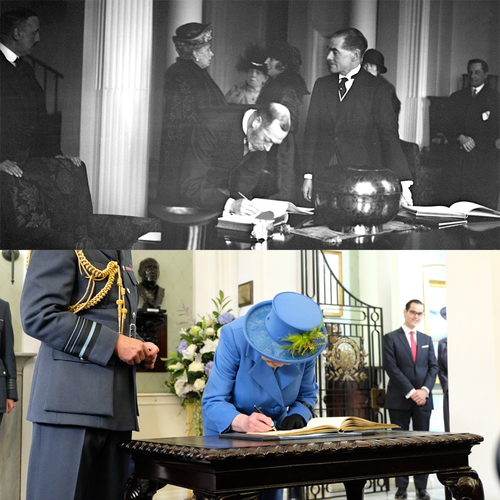 To finish the visit, The Queen signs <a href="/TheRAFClub/">Royal Air Force Club</a> visitors book – following in the footsteps of her grandfather, King George V.