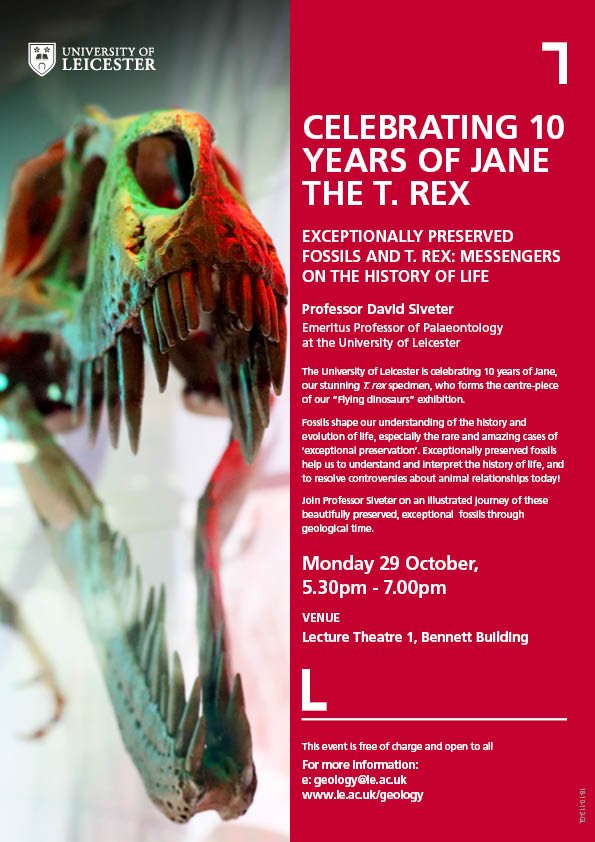 GeologyLeics's tweet photo. Do you want to find out about the origins of Jane our T.rex? Join us at our special 'Exceptional Preservation' lecture on Monday 29 October! https://t.co/aB413pWngm #JaneTurns10 #palaeontology #internationaldinosaurmonth #fossils https://t.co/OmwerQIoHl