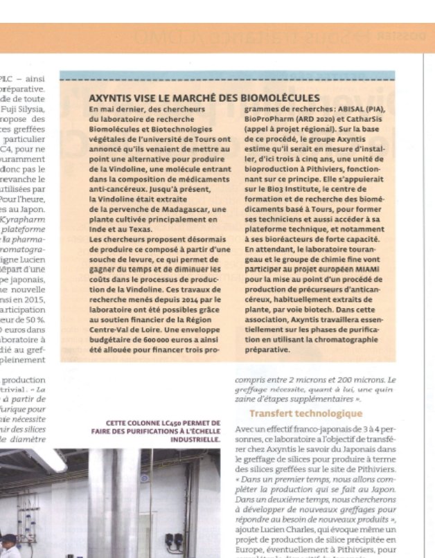BBVEA2106_Tours's tweet photo. Notre projet de #production de #vindoline par procédés #biotechnologiques avec #Axyntis expliqué dans #IndustriPharma de sept 2018. Une belle collaboration acteurs public et privé! #cancer #BioPropharm #MiaMI #ARD2020 @RCValdeLoire @v_courdavault @UnivTours https://t.co/krHuRi3luo