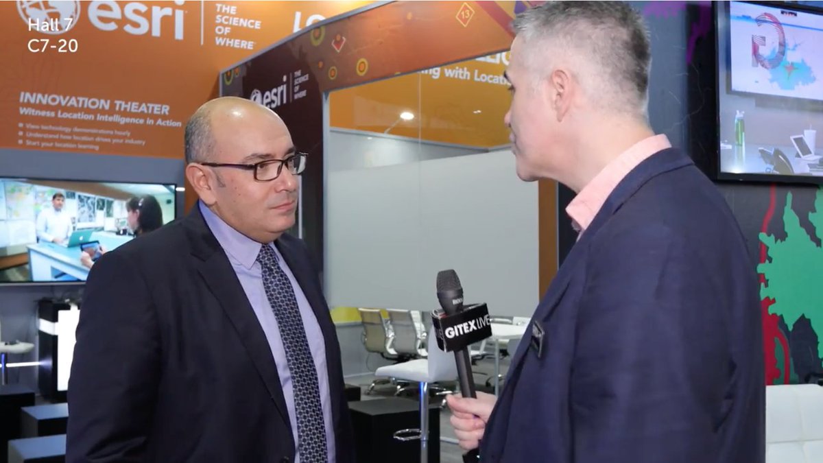 EsriMEA's tweet photo. General Manager for Middle East &amp; Africa Sohail Elabd talking to GITEX live about innovations with @Esri #GIS technology https://t.co/jyOBshN0R6 #GITEX2018 @GITEXTechWeek @EsriLive https://t.co/LrlF5hDpPa
