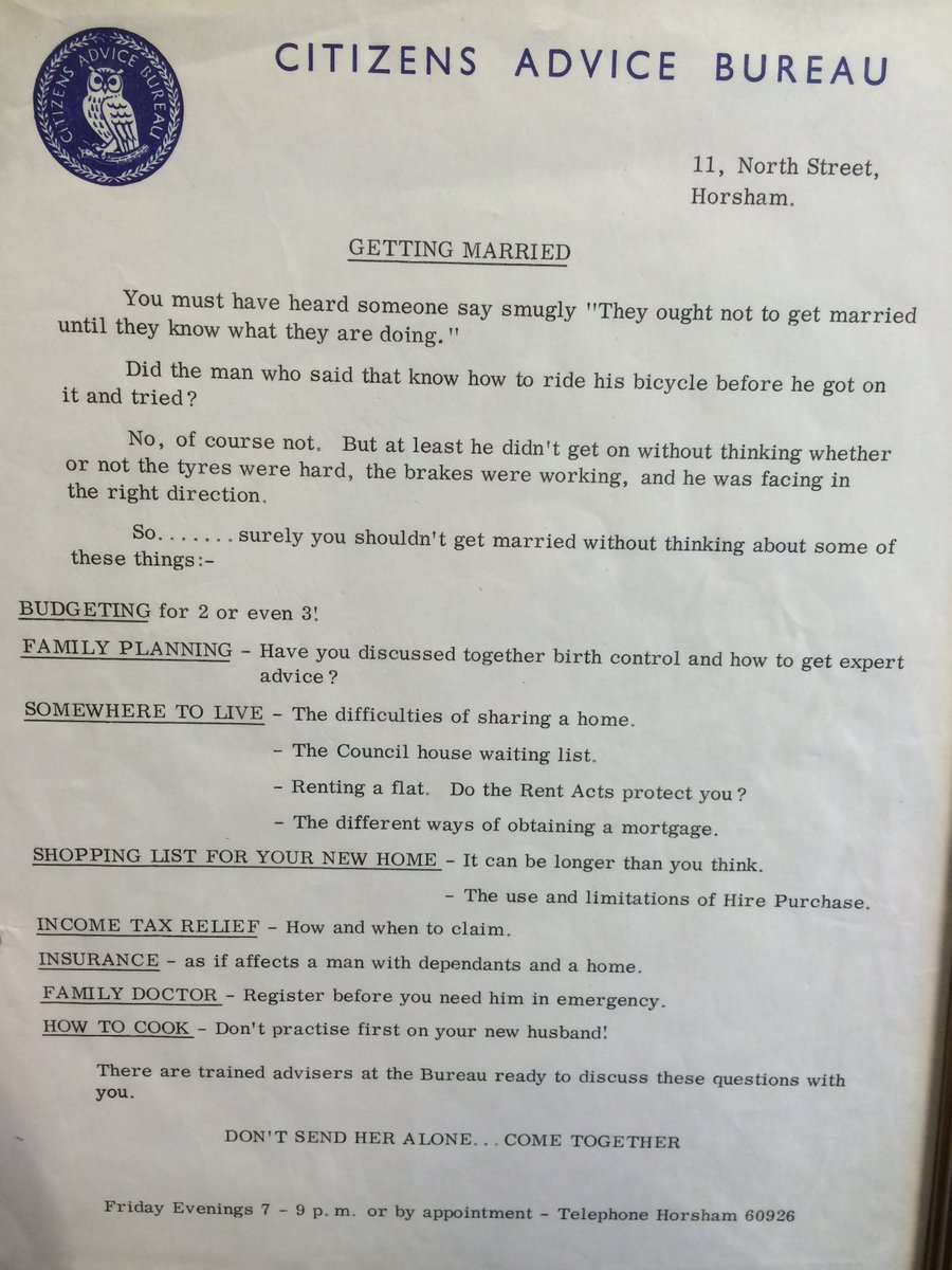 For #CABLive a little treat for you. We think this is from the 1960s, possibly 50s, found in our #Horsham centre. 'Getting Married' advice - including these gems: 'How to cook - don't practise first on your new husband!' and 'Don't send her alone... come together!'. Amazing!