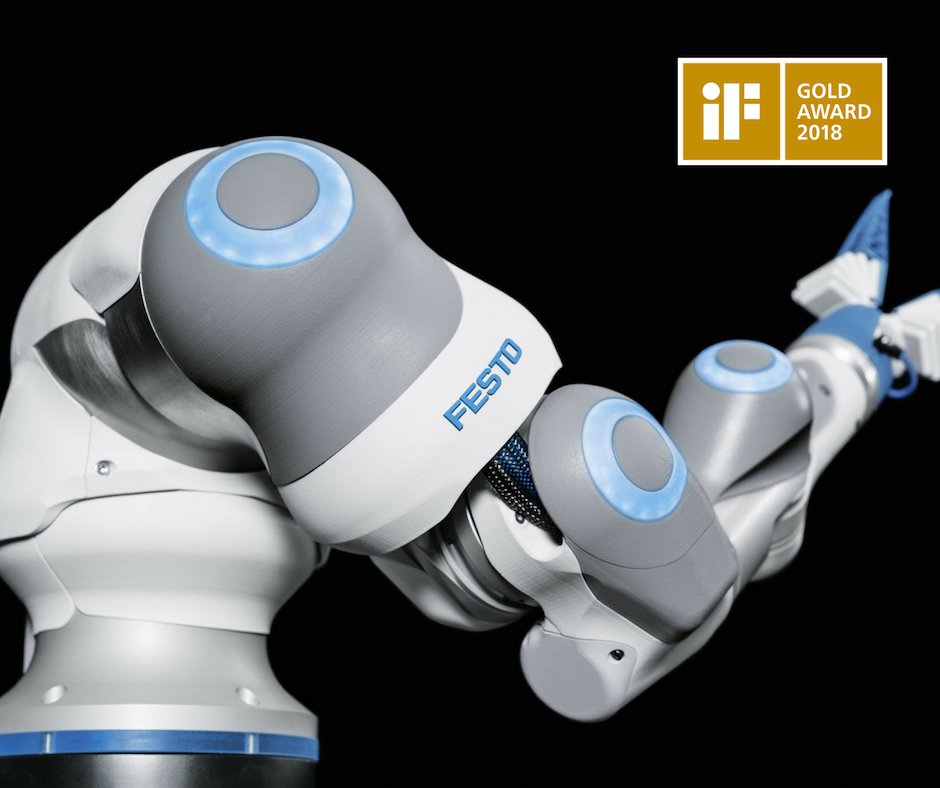 iFDESIGNAWARD's tweet image. #iFGOLDAWARD 
We admire the high=quality execution of all details. The #BionicCobot by @FestoAG has great potential with its secure interaction and intuitive usability in a variety of industries. buff.ly/2OxD6SQ #iFdesign
