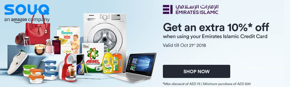uaepayingless's tweet photo. Souq Offer: Extra flat 10% Discount on any Purchase by Emirates Islamic Credit cards #SouqCoupon #Soqu #Deals #UAEPayingless https://t.co/sw0aKuJ0gV https://t.co/nszOyQ8bnX