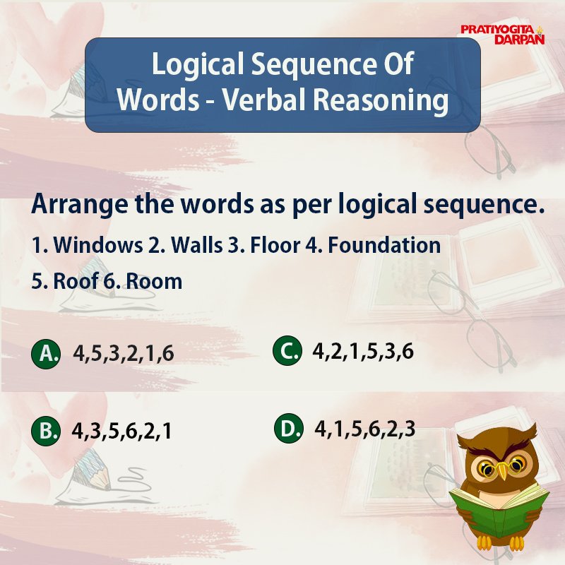 pdarpan's tweet image. Partiyogita Darpan presents Logical Sequence Of Words – Verbal Reasoning for enhancing your solving skills upcoming competitive exams. Solve now and check your ability.
#LogicalQuestions #VerbalReasoningQuestion 
bit.ly/2i2oxUj
Answer will be posted tomorrow.
