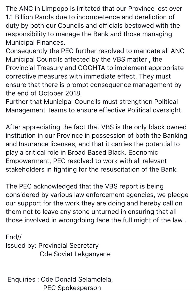 ANCLimpopo's tweet image. ANC LIMPOPO PEC ON IMMEDIATE COURSE OF ACTION REGARDING THE VBS MATTER

Statement