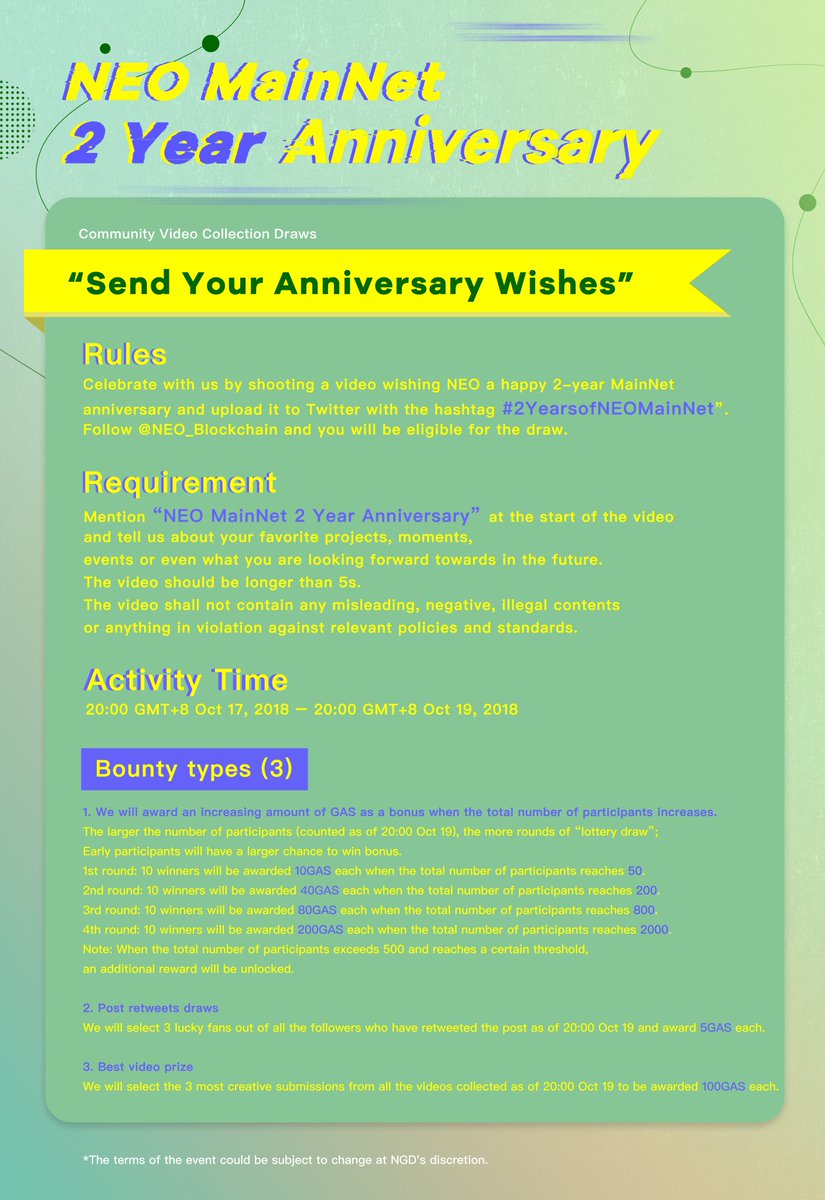 Neo_Blockchain's tweet image. NGD is launching a “#NEO MainNet 2Year Anniversary” series of events. Post your video with the hashtag #2YearsofNEOMainNet or retweet this post, and you will be eligible for a three-day draw.😎 Check out the picture below to find more details.
Would love to see your smiles!😛