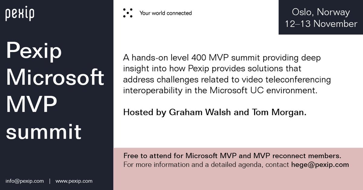 pexip's tweet photo. There are still some seats left to join our upcoming #MVPBuzz summit in November! Use this opportunity to engage with @Graham_Walsh, @tomorgan, and many others and get your 400 level hands-on with CVI for @MicrosoftTeams. Inquire for more info! https://t.co/b8IXNkdXoh