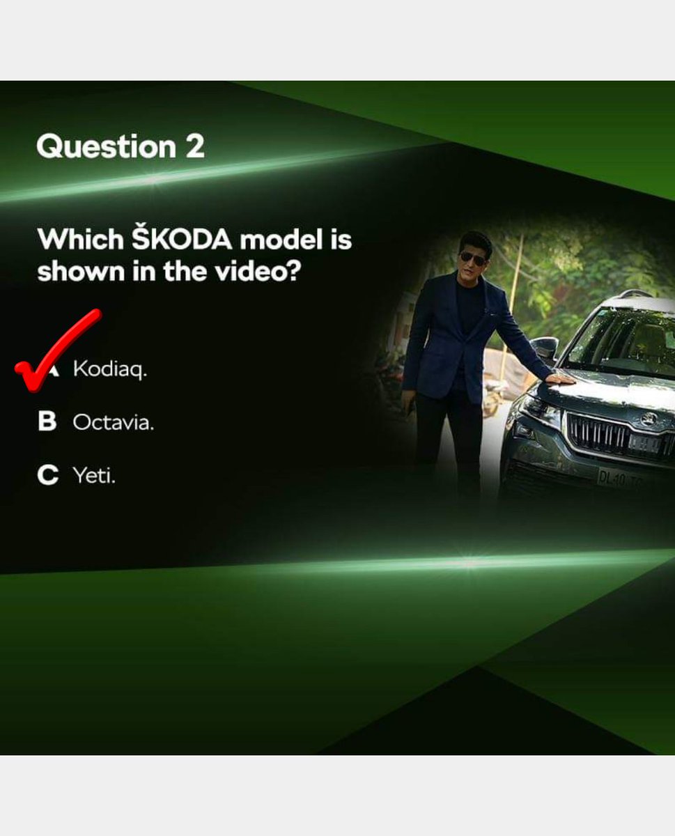 kayshaha2003's tweet image. @SkodaIndia 
Answer to #Question11:-⤵️

✔ (#A) #KODIAQ.

@SkodaIndia 💚💙💖💛💜💟
#SKODAConnectivityExplained🎉🎈🎊🎆 #Contest🎈👍

Join in
Dimple Kuhar
Bharti Agarwal
Pooja Goswami
Shermina Mallick
Aruna Arumugam