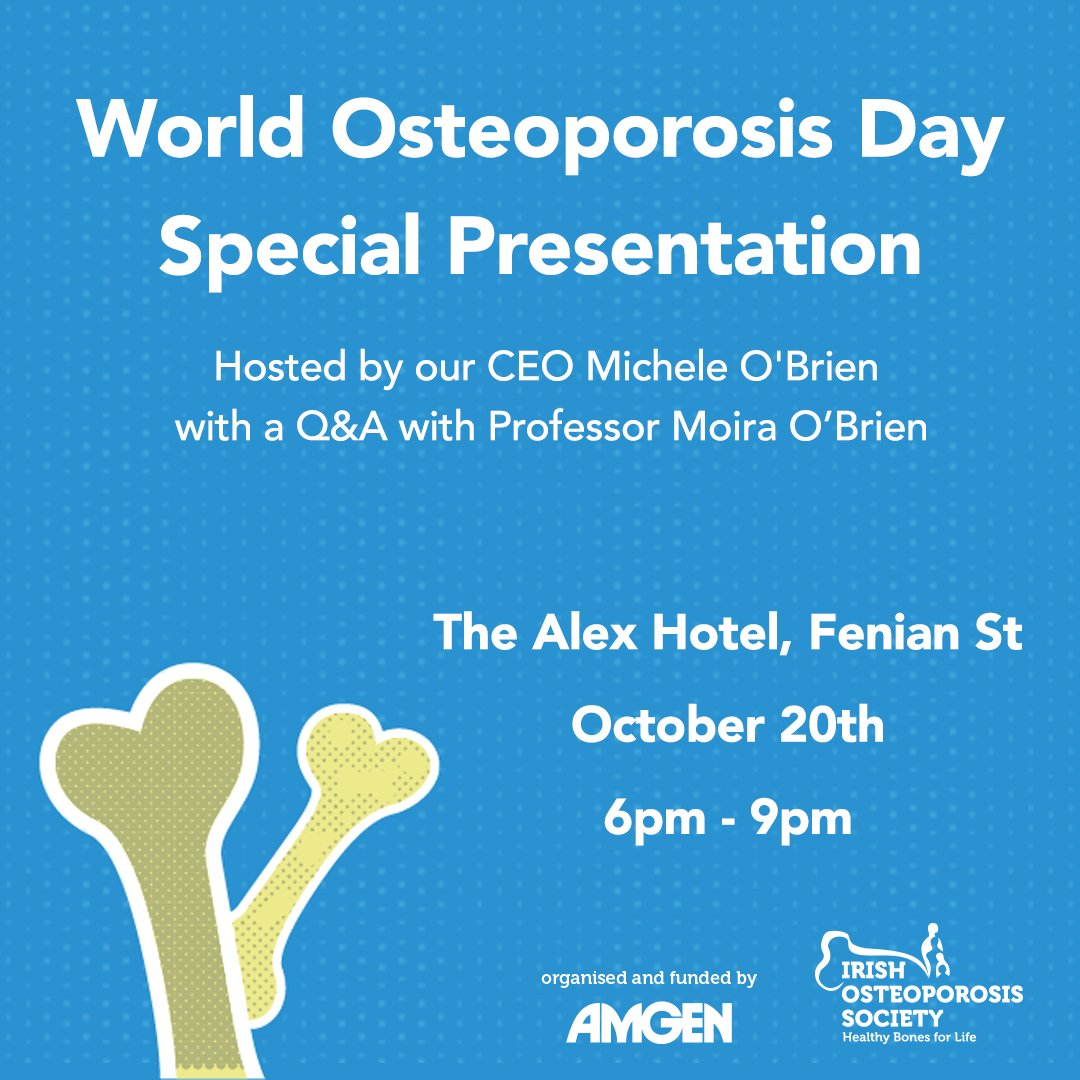 "World Osteoporosis Day is on October 20th. If you're in Dublin, the <a href="/IrishOsteo/">Irish Osteo Society</a> are hosting a very special presentation with Professor Moira O'Brien - head along! #WorldOsteoporosisDay"