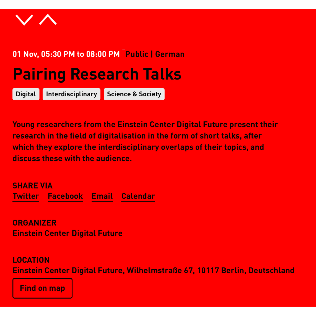 ECDigitalFuture's tweet photo. Two young scientists, two digital topics and just 15 minutes to pair their research: The PAIRING RESEARCH TALKS @ECDigitalFuture at November 1, 20018 @BerlinSciWeek
https://t.co/PhEmelieb3 Register NOW: info@digital-future.berlin https://t.co/5Ldw1XfsvO