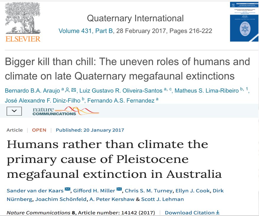 "modern" humans were leaving africa, moving into new lands, like the americas, australia, etc. places that had animals that hadn't had to deal with human predation before. that + climate change is believed to have caused extinctions  #bloodparks  https://en.wikipedia.org/wiki/Quaternary_extinction_event