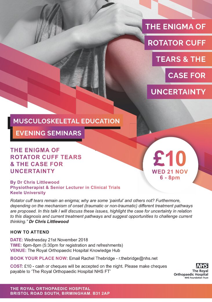garethphysio1's tweet photo. We @ROHresearch are delighted to welcome @PhysioChris on 21st Nov to deliver his evening lecture.

'The enigma of rotator cuff tears and the case for uncertainty'.

Only £10 on the door. Places going fast. Booking details 👇 https://t.co/cfi2XzJMJ7