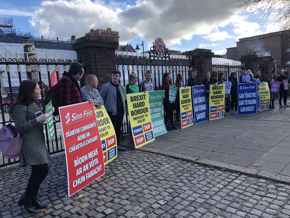 sinnfeinireland's tweet photo. Students against Brexit gathered outside @QUBelfast - at a crucial time in the Brexit negotiations, the Irish government must stand up for citizens and students in the north #ProtectStudentRights https://t.co/WI0foDKpkf