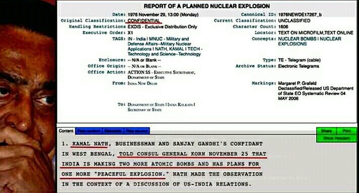 spek_abt_bharat's tweet photo. In 1976, #Congress leader #kamalnath leaked sensitive information about India's #nuclear program to americans.
At that time #Kamalnath was not even a minister in the Govt.
#RafaleScam #PakistanCongressCommittee
#Modi
@TajinderBagga @rishibagree @SuPriyoBabul @trunils https://t.co/sDJLydSQLB