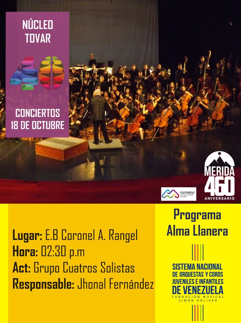 #40AniversarioMérida Conciertos de mañana 18 de octubre de 2018
@Carola_Geo <a href="/jesustuba/">jesus perez</a> <a href="/obrigo/">Oliver Briceño</a> <a href="/nucleoejido/">Nucleo Ejido</a> <a href="/nucleofeyalegr1/">Núcleo Granjas Infantiles - Mérida</a> <a href="/FOSJIT/">@elsistemaTovar</a> <a href="/maleon10/">Marialejandra</a> <a href="/nellitaleon/">marianella leon</a>