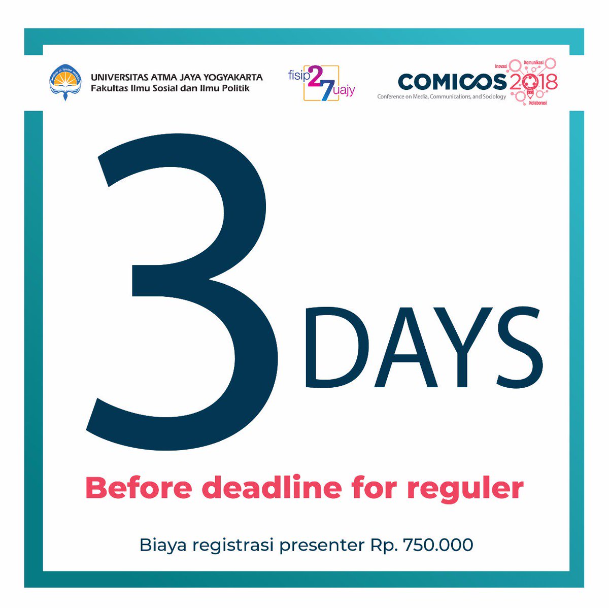 ComicosUAJY's tweet photo. Salam COMICOS! Deadline pengumpulan Fullpaper tersisa 3 hari lagi sampai tanggal 20 Oktober 2018 yang bisa dikirimkan ke comicosuajy@gmail.com beserta lampiran: bukti bayar, form kesediaan dimuat di e-proceeding atau jurnal, surat bebas plagiasi. Biaya registrasi ada di poster https://t.co/xrswKYdAfS