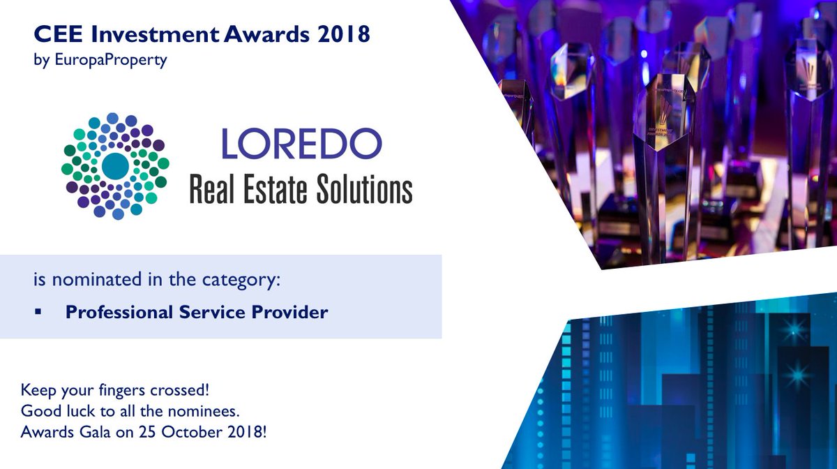 loredores's tweet photo. @loredores among the nominees for the upcoming 8th annual @EuropaProperty CEE Investment Awards 2018.
Fingers crossed!
#loredo #loredores #awards #nominations #ProfessionalServiceProvider https://t.co/rNNM3TAmLE