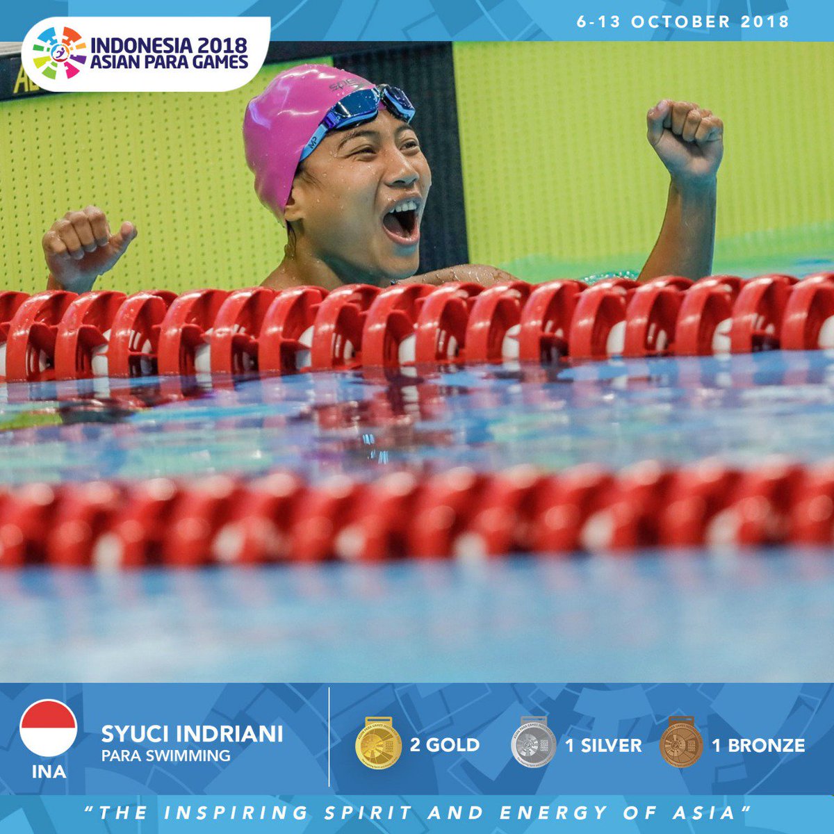 asianpg2018's tweet photo. Having an IQ that is below average doesn't mean that you can't make yourself and your country proud, just as Syuci Indriani proved in Asian Para Games 2018. She contributed 2 gold, 1 silver, and 1 bronze for Indonesia in this event. https://t.co/OufczYJ0Hi