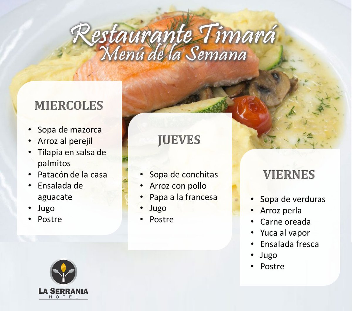 Ya sabes dónde almorzar esta semana? Ven y disfruta nuestro exquisito menú al mejor precio.. $15.000.
--
Conoce más de nuestro hotel ingresando a laserraniahotel.com 
Tels: 6917535 - 310 279 7701
Calle 33 Nº 30 - 26