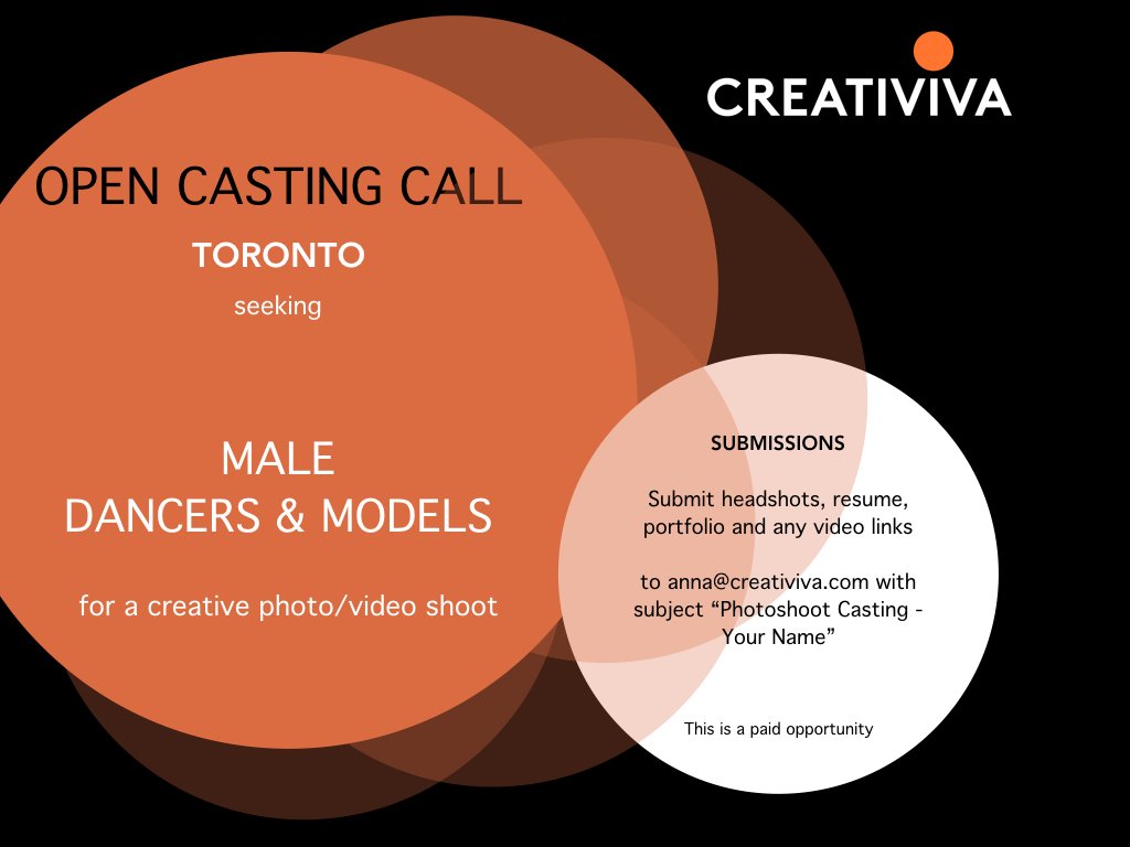 Less than a day left to apply to Creativiva open casting call! Must be 5'8+ tall, 18+, and creative!
#casitingstoronto #torontomodels #photoshoot #torontodancers #dancetoronto #modelstoronto #modelcasting #creativiva #livetocreate #creativivaworldwide