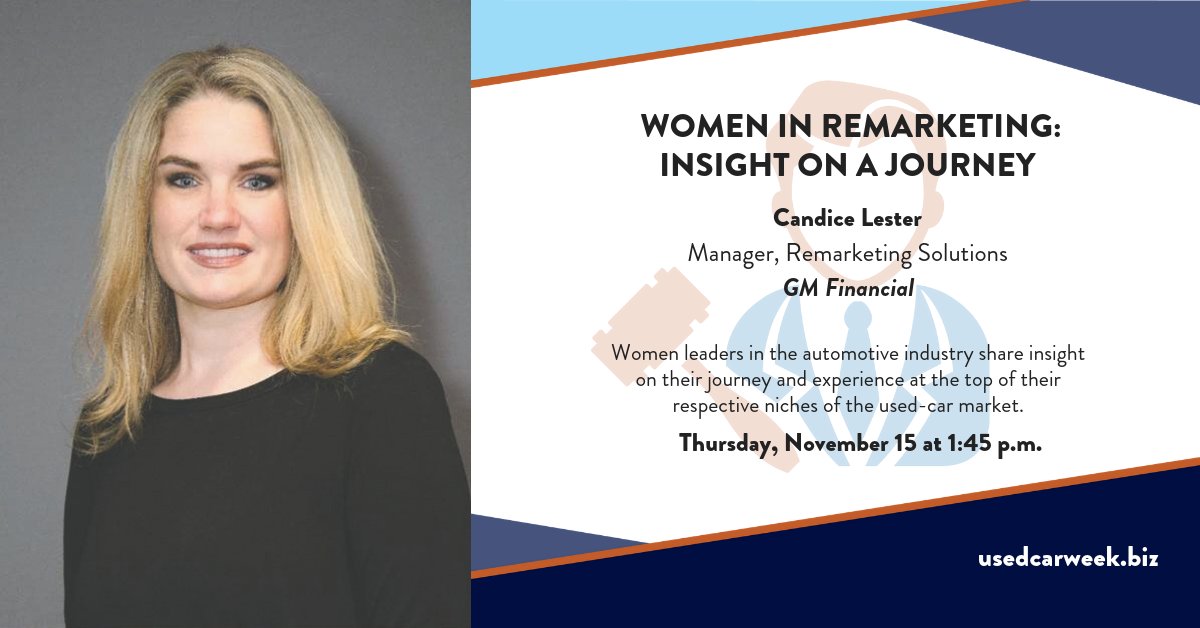 UsedCarWeek's tweet photo. Meet Candice Lester of @gmfinancial and other executives who are driving the remarketing and used car industry forward at #UsedCarWeek 2018. Sponsored by @Ally, @Equifax, @DRNData, @alliedsolutions, and Millennium Capital and Recovery Corp. https://t.co/A5nWM5KOhI