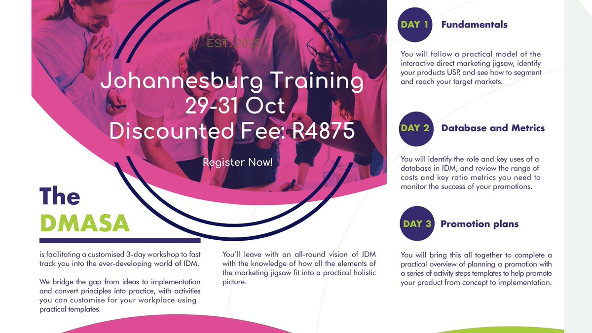 #JHB3DayEssentialsTraining
SAS Training Institute - 94 Central Avenue, Houghton
Don't miss out on this great deal!
#smallclasssizes #handonlearning #practicalinsights #highvaluelearning
#likemindedpeers
To register, click here: dmasa.org/civicrm/event/…