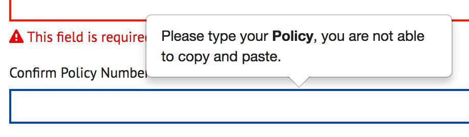 Form field with message that says "Please type your Policy, you are not able to copy and paste"