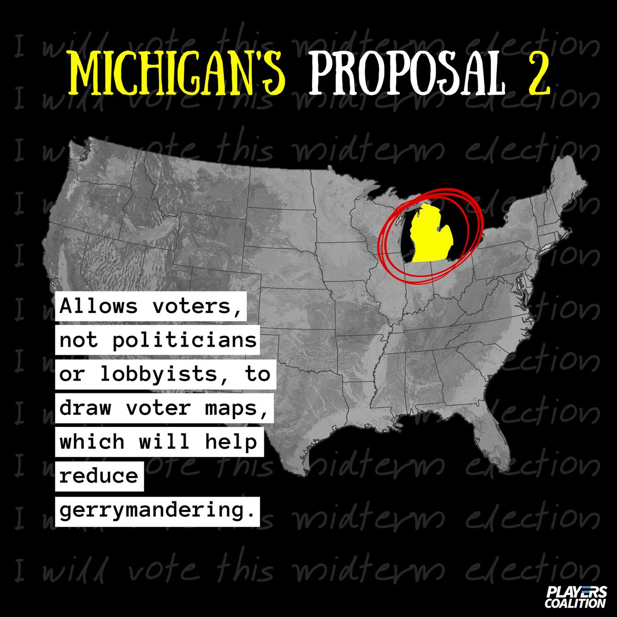 playercoalition's tweet photo. MICHIGAN: Gerrymandering is a HUGE problem in the United States. Out-of-date voting systems is another. Changes to both are up on the ballot in Michigan this November. #VoteYes on #Proposal2 and #VoteYes on #Proposal3 https://t.co/8Q9ifTCj1R