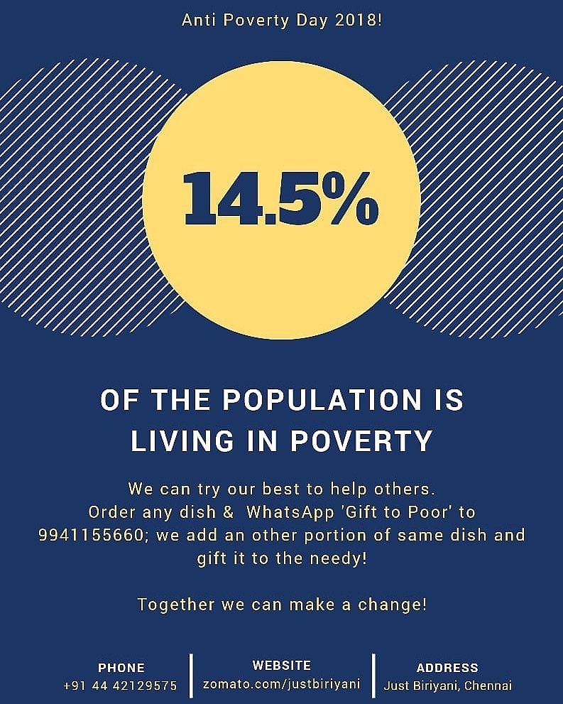 zerocardsindia's tweet photo. #ADWGroup #JustBiriyani #JustBiryani #ZeroCards #Bookmybanquets #KaapiHouse #DianasKitchen #AntiPovertyDay #GifttoPoor

#Help others! #Order any dish &amp; #WhatsApp 'Gift to Poor' to 9941155660; we add an other portion of same dish &amp; #gift it to the needy! - https://t.co/z9Mz2744Ux https://t.co/mR5Gv4b4bv