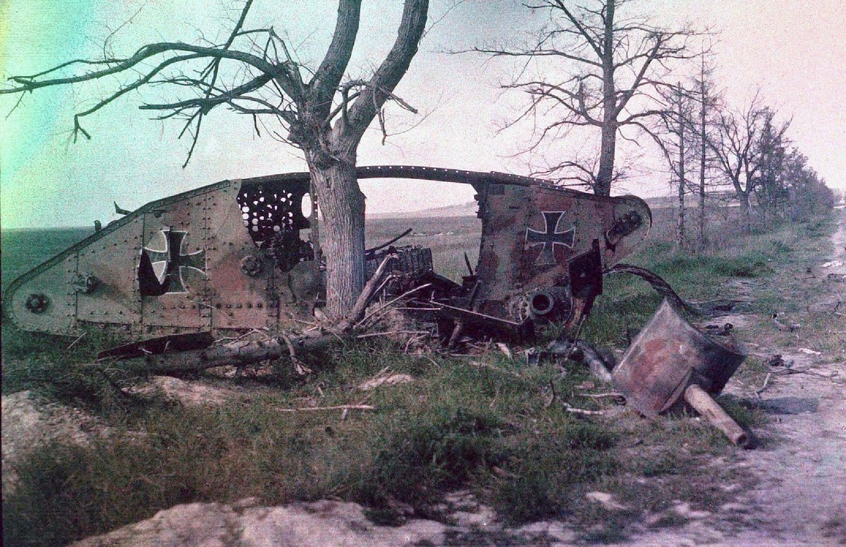 realtime_hist's tweet photo. Autochrome colour photo of a destroyed German Beutepanzer on the Western Front, 1918. https://t.co/XaoGBs420Z