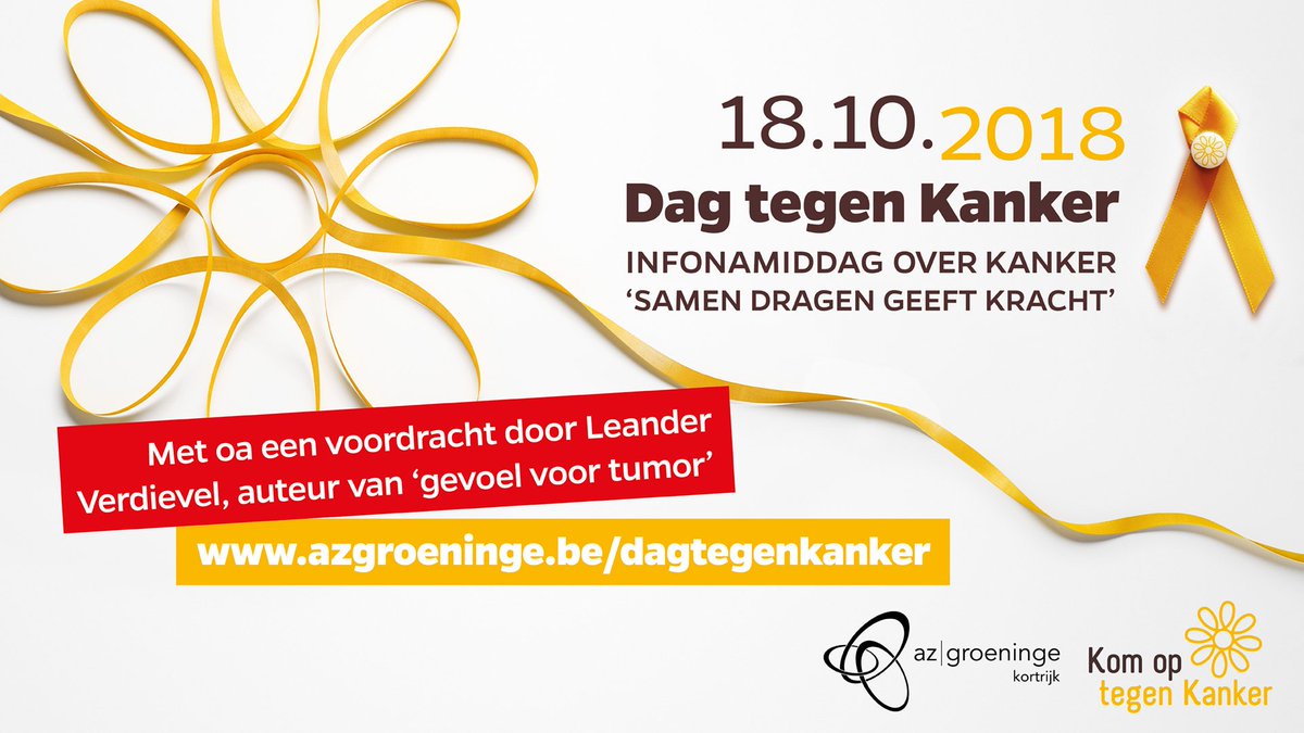 azgroeninge's tweet photo. Morgen, 18 oktober, is het #dagtegenkanker. Kom naar onze gratis infonamiddag en woon een lezing bij van Leander Verdievel (auteur "Gevoel voor tumor"), neem deel aan workshops en stel vragen aan (zorg)professionelen. Meer info: https://t.co/jNmeMyrs97 @KOTKanker https://t.co/wB4sL9lOYf